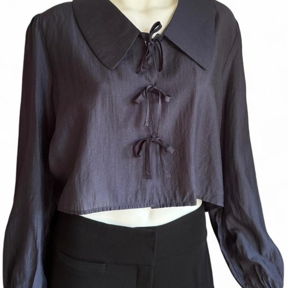 Laminez Navy Satin Tie Front Blouse Peter Pan Collar Coquette Korean Boutique